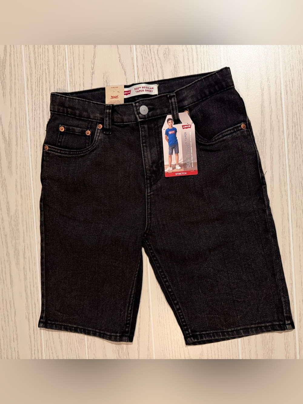 Levi’s 502 Boys Size 16 W28 Black Denim Regular Taper Stretch Shorts NWT